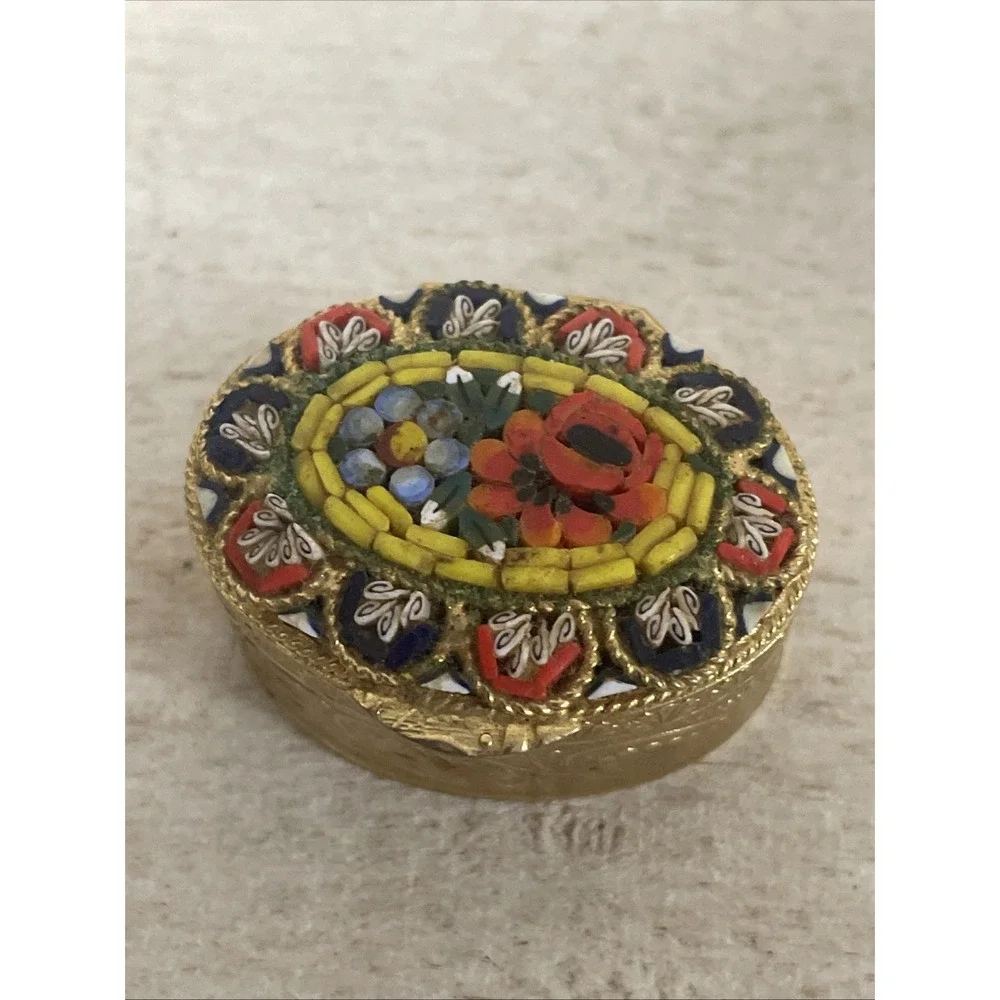 VTG  Italian Micro Mosaic Floral Brass Pill Box - Marked 